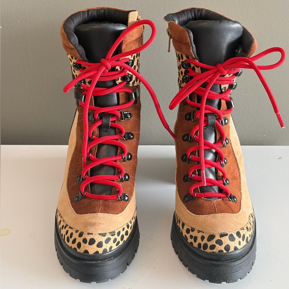 Leopard Print Lace-Up Heeled Ankle Boots – Red Laces - Chunky black block heel